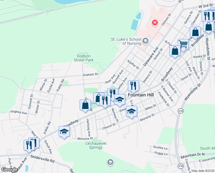 map of restaurants, bars, coffee shops, grocery stores, and more near 1336 Russell Avenue in Fountain Hill