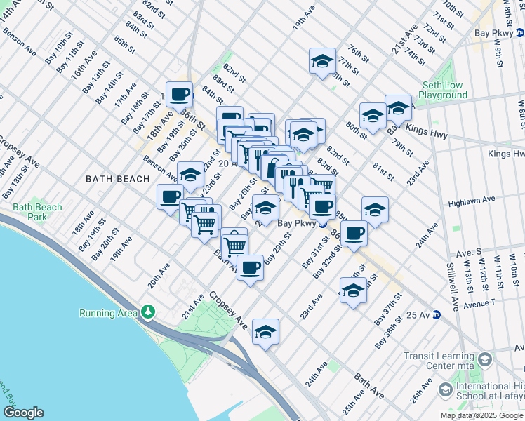 map of restaurants, bars, coffee shops, grocery stores, and more near 2063 Benson Avenue in Brooklyn