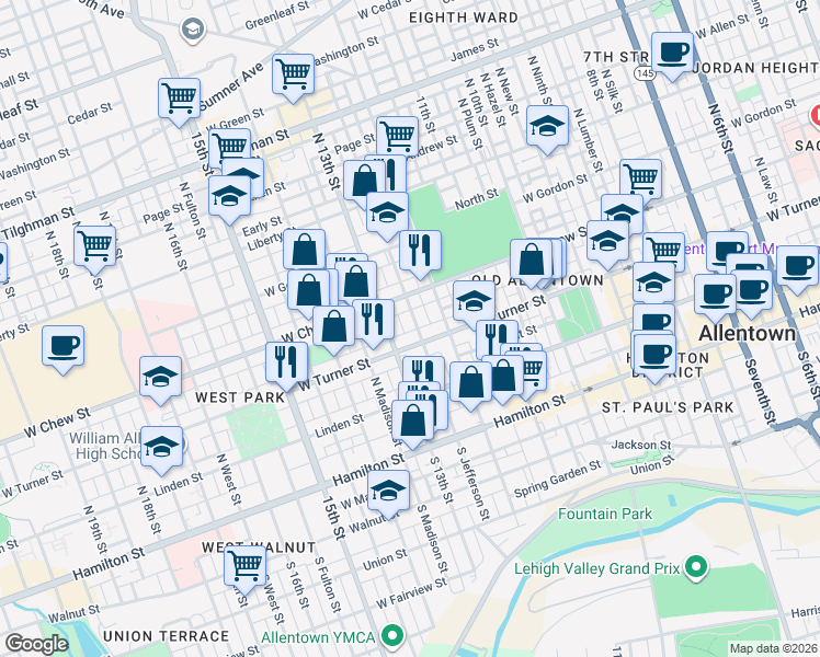 map of restaurants, bars, coffee shops, grocery stores, and more near 1235 West Turner Street in Allentown