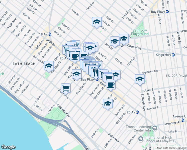 map of restaurants, bars, coffee shops, grocery stores, and more near 2167 86th Street in Brooklyn