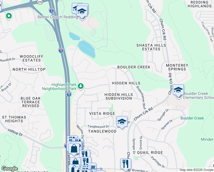 map of restaurants, bars, coffee shops, grocery stores, and more near 748 Rogue River Way in Redding