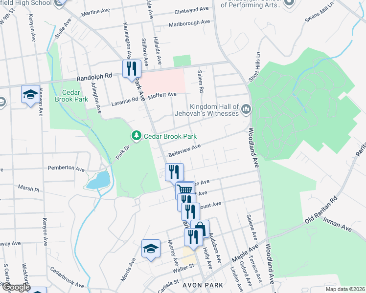 map of restaurants, bars, coffee shops, grocery stores, and more near 1328-30 Belleview Avenue in Plainfield