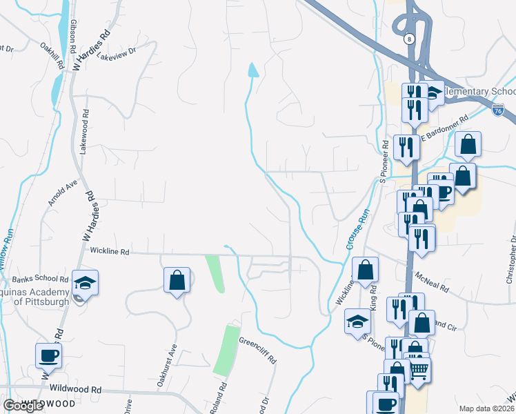 map of restaurants, bars, coffee shops, grocery stores, and more near 4938 Wickloe Drive in Gibsonia