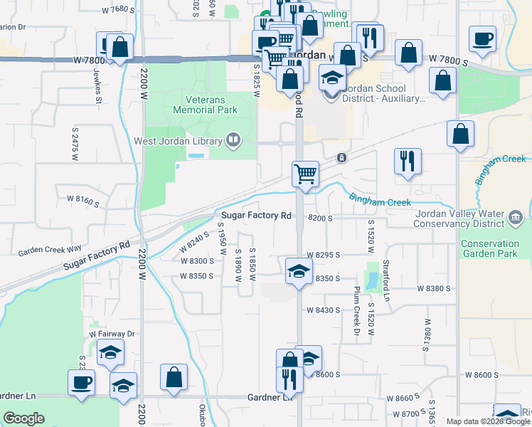map of restaurants, bars, coffee shops, grocery stores, and more near 8210 South 1750 West in West Jordan