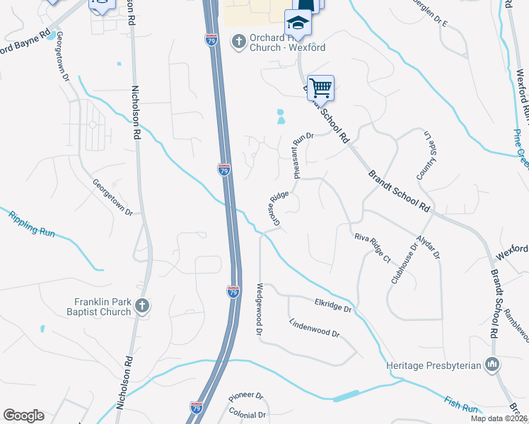 map of restaurants, bars, coffee shops, grocery stores, and more near 2400 Wedgewood Drive in Wexford