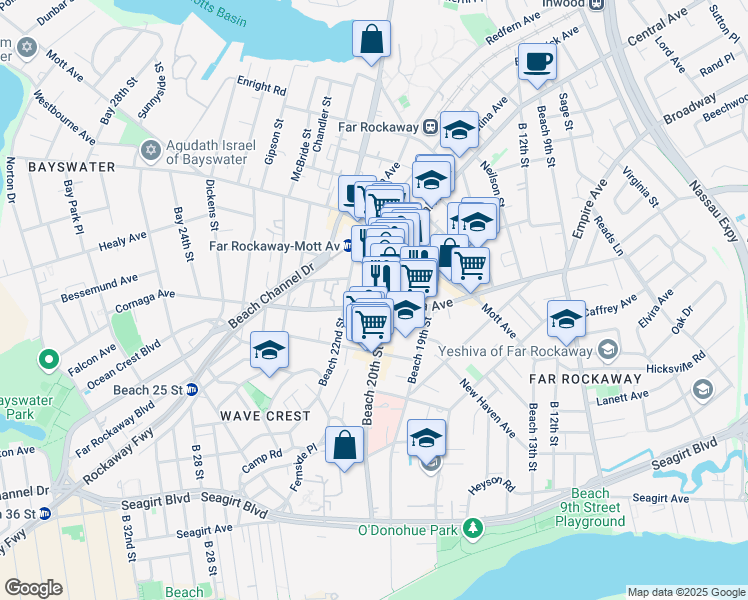 map of restaurants, bars, coffee shops, grocery stores, and more near 711A Beach 20th Street in Queens