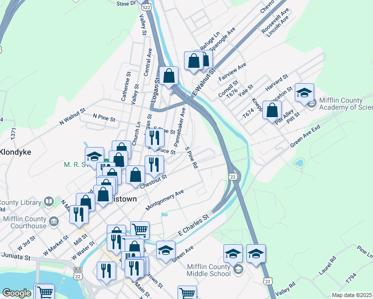 map of restaurants, bars, coffee shops, grocery stores, and more near 321 South Spruce Street in Lewistown