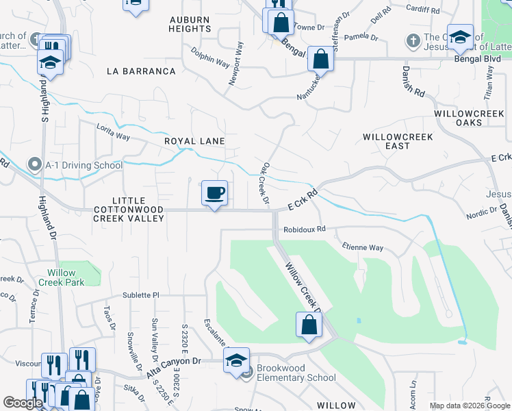 map of restaurants, bars, coffee shops, grocery stores, and more near 2542 Creek Road in Sandy