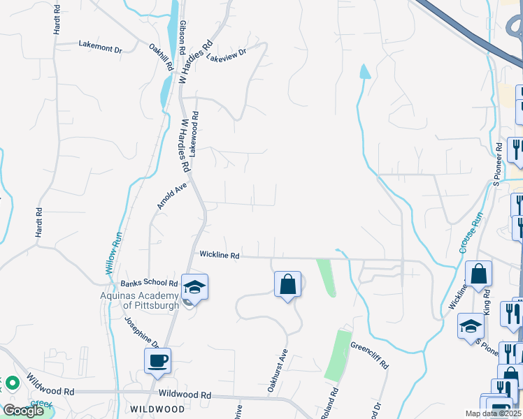 map of restaurants, bars, coffee shops, grocery stores, and more near 2584 Lah Road in Gibsonia