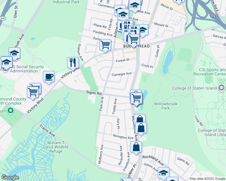 map of restaurants, bars, coffee shops, grocery stores, and more near 71 Signs Road in Staten Island