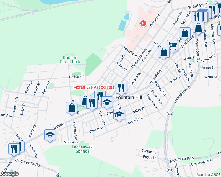 map of restaurants, bars, coffee shops, grocery stores, and more near 1214 Stanley Avenue in Fountain Hill