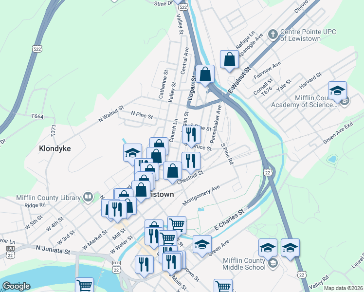 map of restaurants, bars, coffee shops, grocery stores, and more near 77 Logan Street in Lewistown