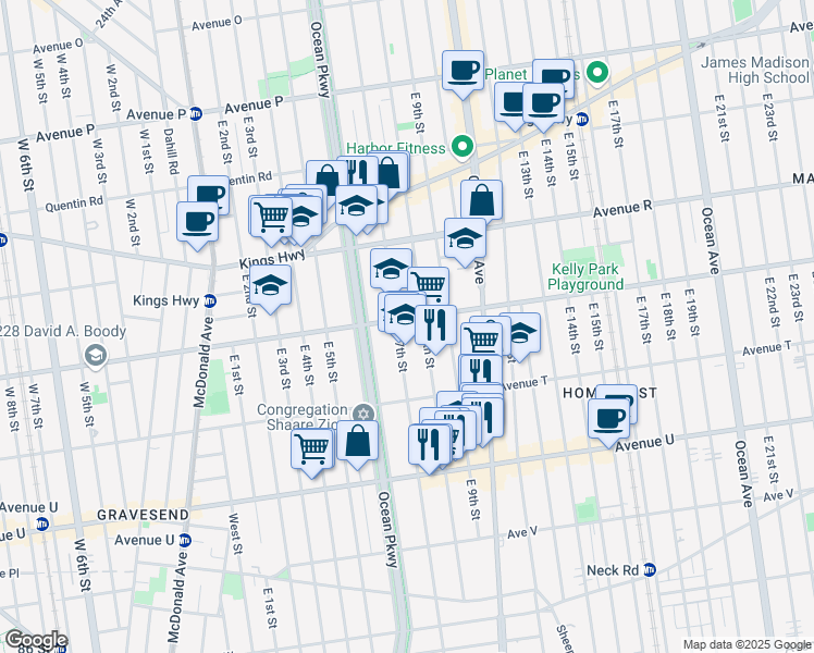 map of restaurants, bars, coffee shops, grocery stores, and more near 710 Avenue S in Brooklyn