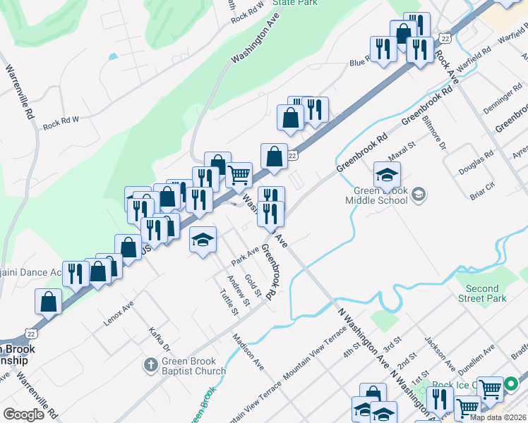 map of restaurants, bars, coffee shops, grocery stores, and more near 86 Greenbrook Road in Green Brook Township