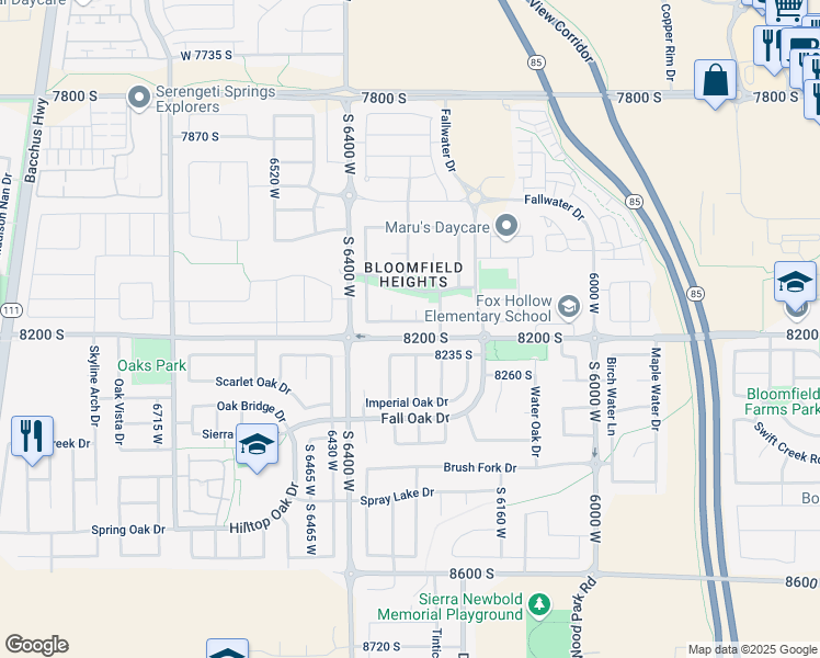 map of restaurants, bars, coffee shops, grocery stores, and more near 6306 8235 South in West Jordan