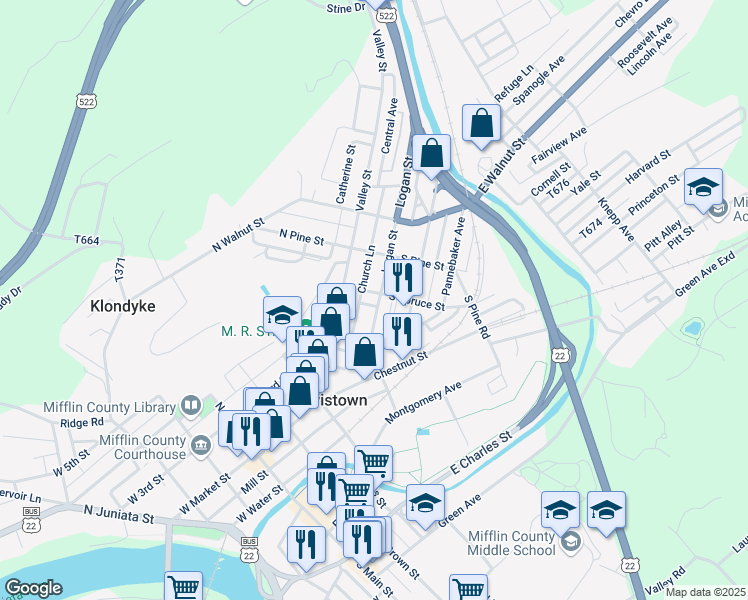 map of restaurants, bars, coffee shops, grocery stores, and more near 89 Logan Street in Lewistown
