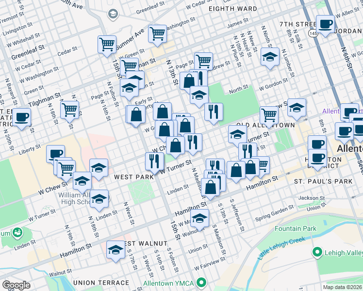 map of restaurants, bars, coffee shops, grocery stores, and more near in Allentown
