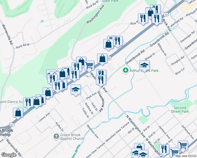 map of restaurants, bars, coffee shops, grocery stores, and more near 998 Washington Avenue in Green Brook Township