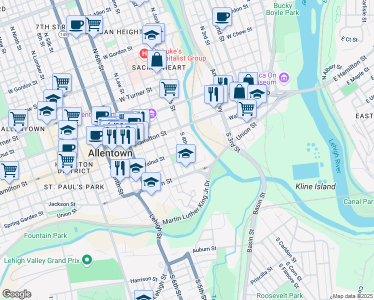 map of restaurants, bars, coffee shops, grocery stores, and more near 414 Walnut Street in Allentown