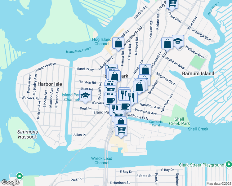 map of restaurants, bars, coffee shops, grocery stores, and more near 164B Long Beach Road in Island Park