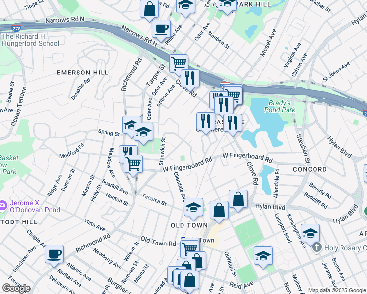 map of restaurants, bars, coffee shops, grocery stores, and more near 75 Gateway Drive in Staten Island