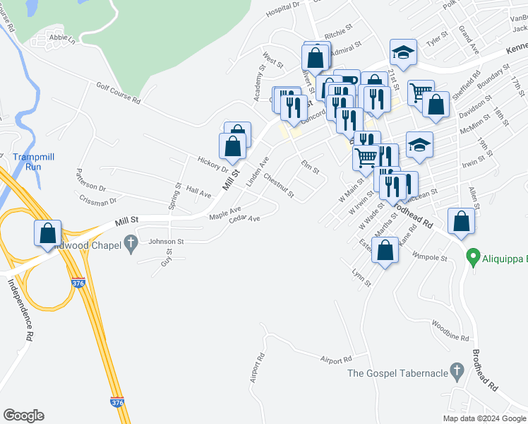 map of restaurants, bars, coffee shops, grocery stores, and more near 29 Cedar Avenue in Aliquippa