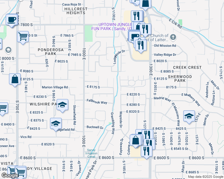 map of restaurants, bars, coffee shops, grocery stores, and more near 8186 Grambling Way in Sandy