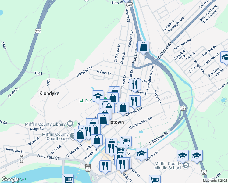 map of restaurants, bars, coffee shops, grocery stores, and more near 149 Valley Street in Lewistown