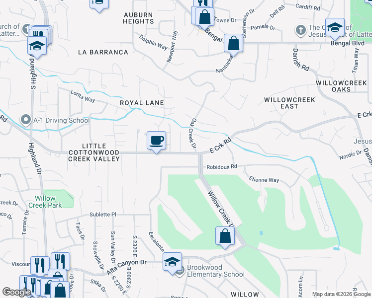 map of restaurants, bars, coffee shops, grocery stores, and more near 2542 Creek Road in Sandy
