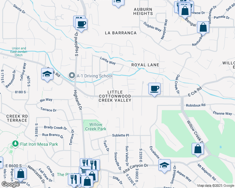 map of restaurants, bars, coffee shops, grocery stores, and more near 8216 Pine Springs Cove in Sandy