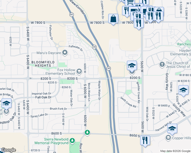 map of restaurants, bars, coffee shops, grocery stores, and more near 5926 Birch Water Lane in West Jordan