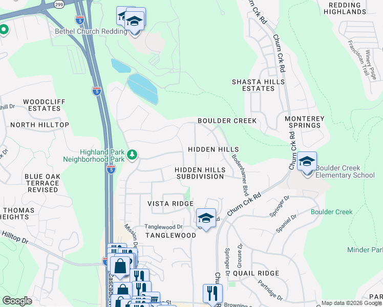 map of restaurants, bars, coffee shops, grocery stores, and more near in Redding