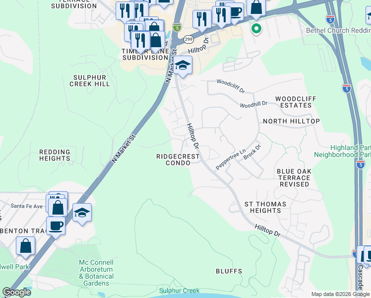 map of restaurants, bars, coffee shops, grocery stores, and more near 488 Ridgetop Drive in Redding