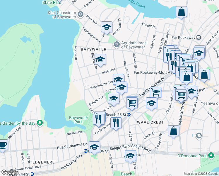 map of restaurants, bars, coffee shops, grocery stores, and more near 821 Beach 25th Street in Queens
