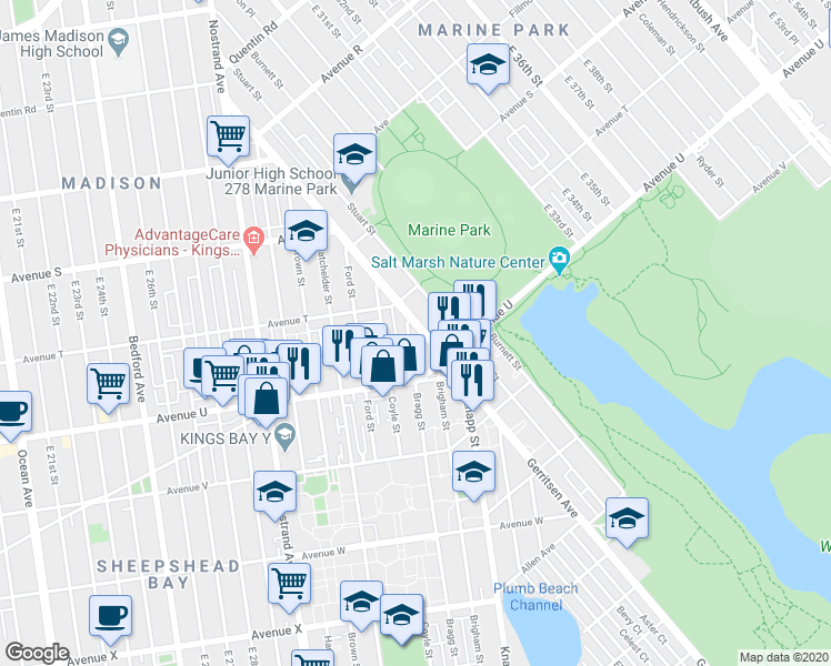 map of restaurants, bars, coffee shops, grocery stores, and more near 2054 Bragg Street in Brooklyn