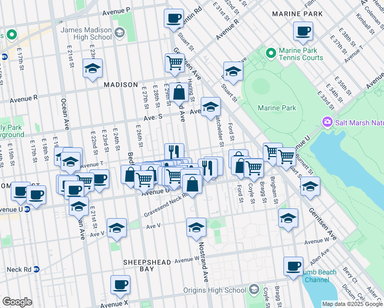 map of restaurants, bars, coffee shops, grocery stores, and more near 3364 Nostrand Avenue in Brooklyn