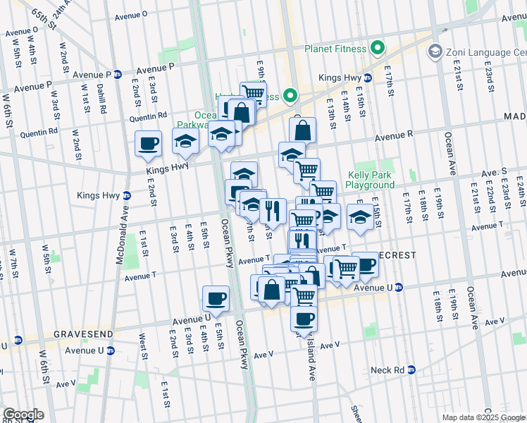 map of restaurants, bars, coffee shops, grocery stores, and more near 1931 East 8th Street in Brooklyn