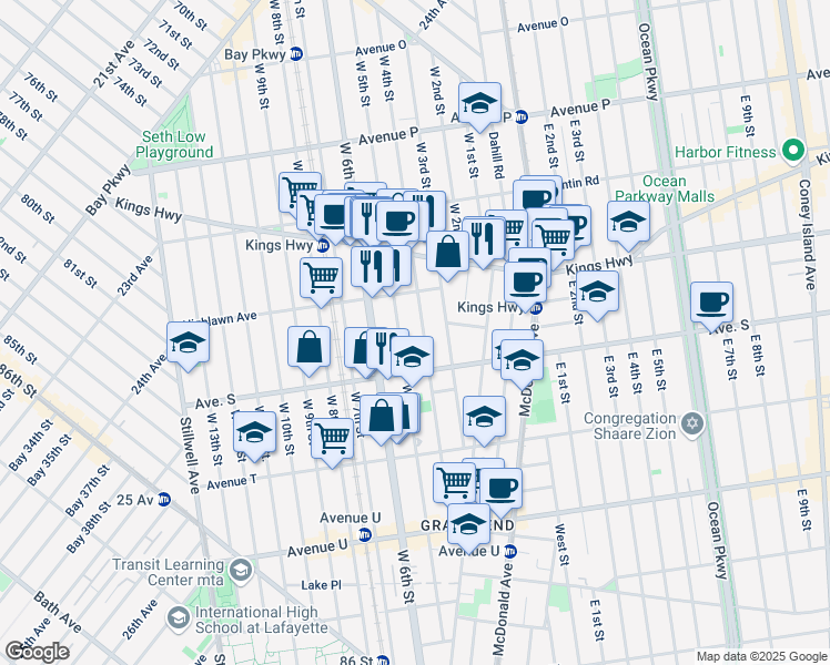map of restaurants, bars, coffee shops, grocery stores, and more near 1868 West 4th Street in Brooklyn