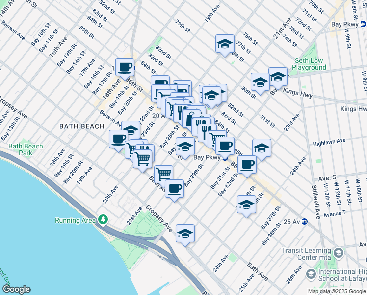 map of restaurants, bars, coffee shops, grocery stores, and more near 2063 Benson Avenue in Brooklyn