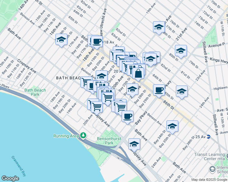 map of restaurants, bars, coffee shops, grocery stores, and more near 103 Bay 25th Street in Brooklyn