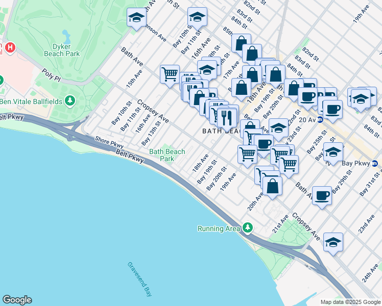 map of restaurants, bars, coffee shops, grocery stores, and more near 8872 18th Avenue in Brooklyn