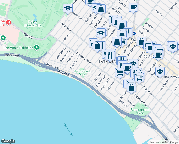 map of restaurants, bars, coffee shops, grocery stores, and more near 8909 Bay 16th Street in Brooklyn