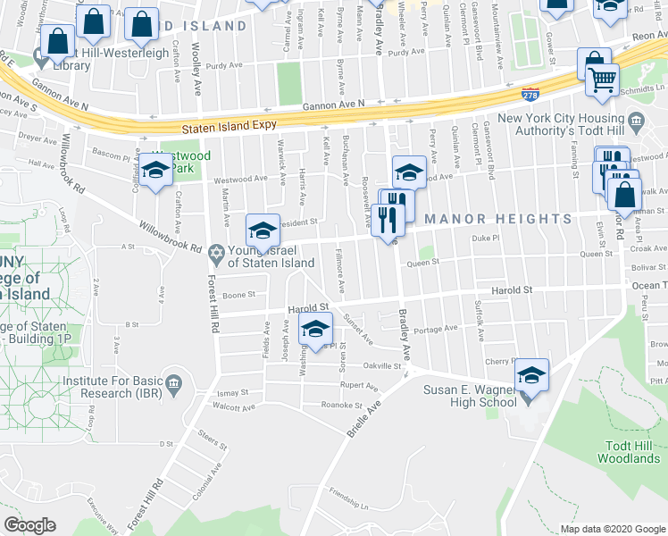 map of restaurants, bars, coffee shops, grocery stores, and more near 84 Fillmore Avenue in Staten Island