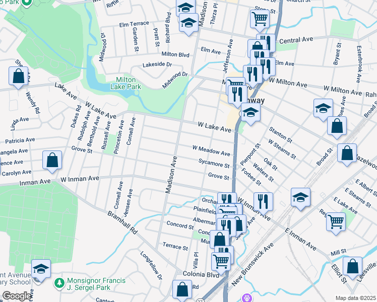map of restaurants, bars, coffee shops, grocery stores, and more near 497 Sycamore Street in Rahway