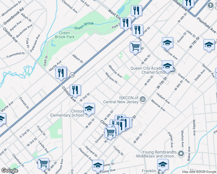 map of restaurants, bars, coffee shops, grocery stores, and more near 330-32 McDowell Street in Plainfield