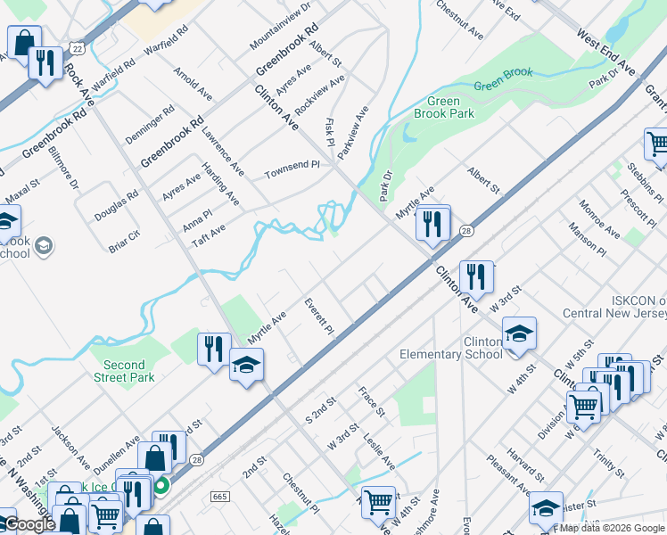 map of restaurants, bars, coffee shops, grocery stores, and more near 50-52 Dekalb Avenue in Plainfield