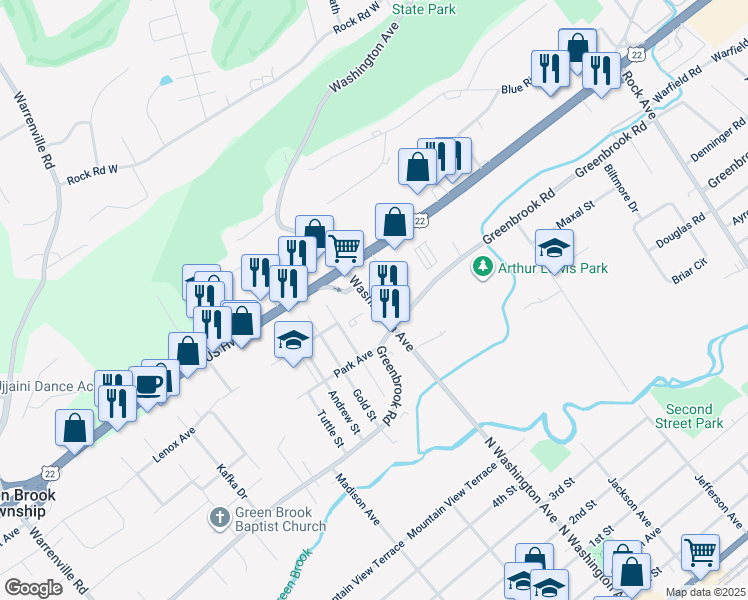 map of restaurants, bars, coffee shops, grocery stores, and more near 1009 Washington Avenue in Green Brook Township