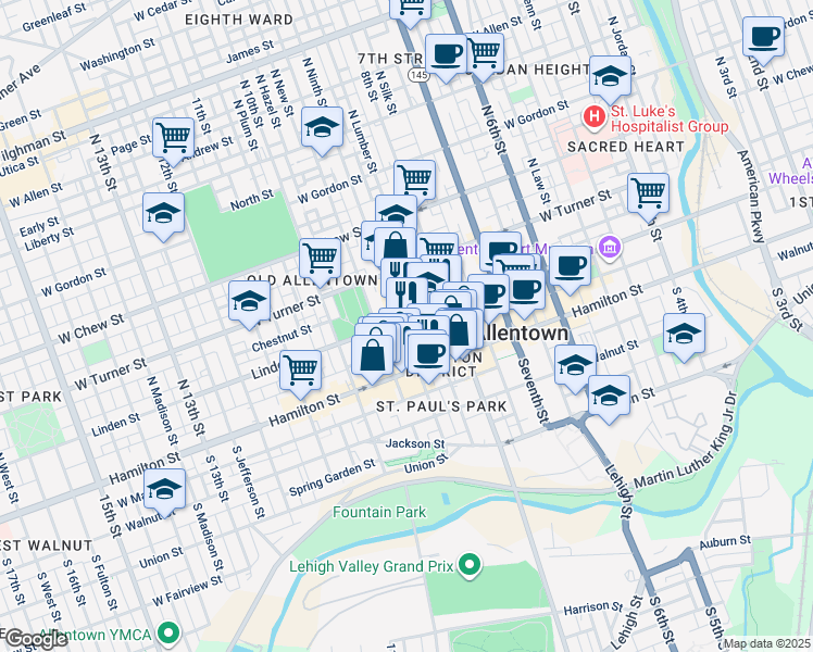 map of restaurants, bars, coffee shops, grocery stores, and more near 25 North Ninth Street in Allentown