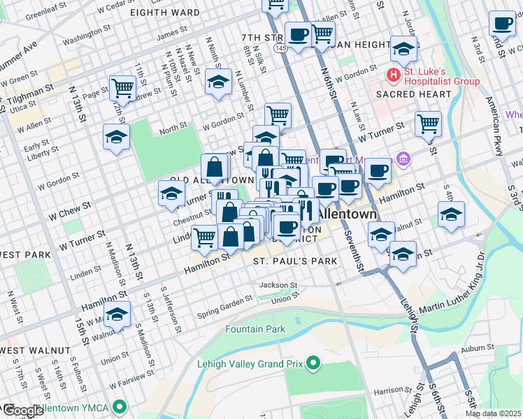 map of restaurants, bars, coffee shops, grocery stores, and more near 6 North Fountain Street in Allentown