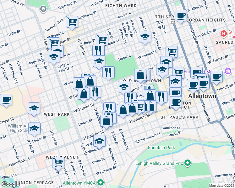 map of restaurants, bars, coffee shops, grocery stores, and more near 148 North 12th Street in Allentown